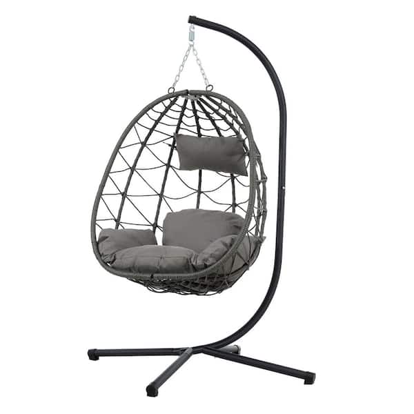 1 Person Metal Patio Swing Outdoor Egg Chair with Black Stand and Dark Gray Cushions and Pillow
