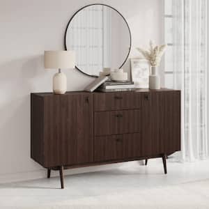 Chelsea Dark Brown Particle Board 59 in. Sideboard With Slatted Design and 3 Drawers and Natural Wood Legs