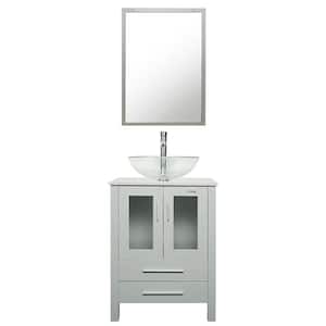 24 in. W x 20 in. D x 32 in. H Single Sink Bath Vanity in Gray with Clear Vessel Sink Top Chrome Faucet and Mirror