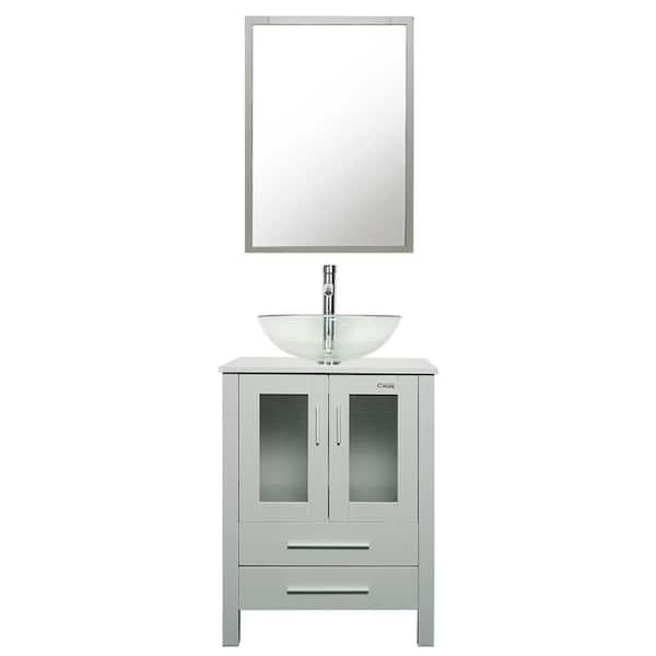 eclife 24 in. W x 20 in. D x 32 in. H Single Sink Bath Vanity in Gray with Clear Vessel Sink Top Chrome Faucet and Mirror
