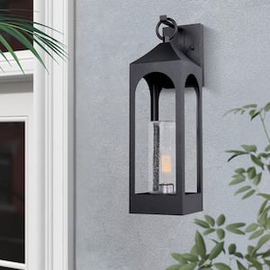Modern 1-Light Black Dusk to Dawn Outdoor Wall Light Sconce with Seeded Glass
