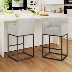 Hampton 30 in. Beige Gray Modern Linen Upholstered Bar Stool Square Metal Frame Counter Height Bar Stool (Set of 2)