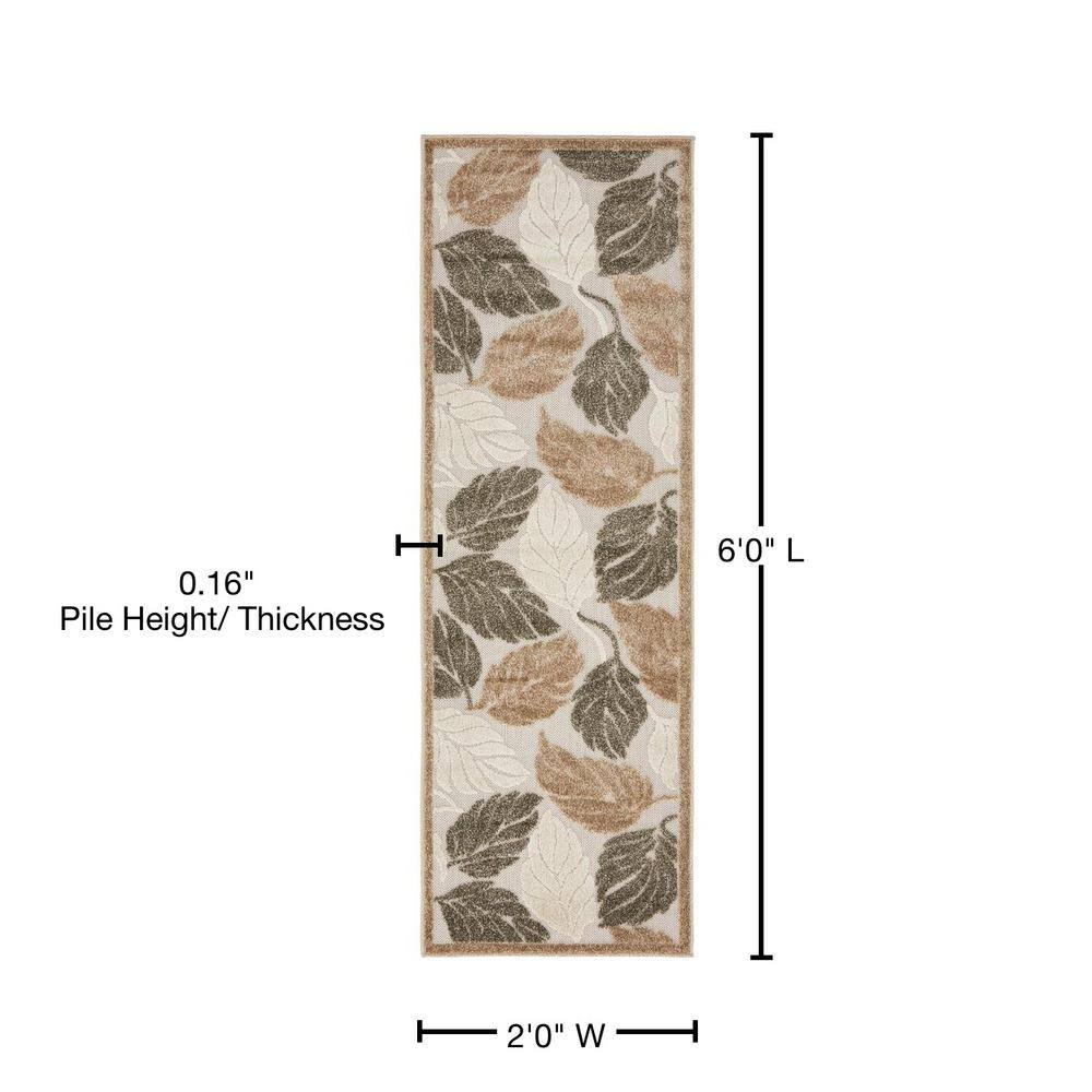 Tranquil Leaf Pattern 2' x 6' Runner Rug in Beige and Brown for Indoor/Outdoor Use