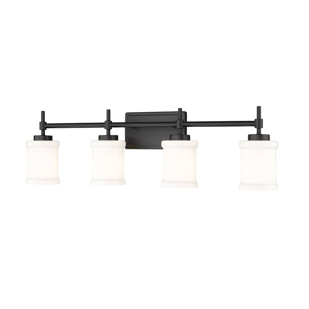 Cadoc 31.5 in. 4-Light Matte Black Vanity-Light with Gloss Opal Glass Shade