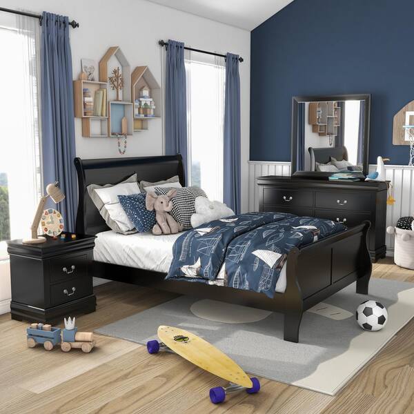 Furniture of America Mayday Traditional Solid Wood Kids 4-Piece Sleigh Bedroom Set - Black - Twin