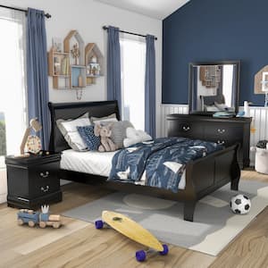 4-Piece Burkhart Black Wood Twin Bedroom Set with Nightstand and Dresser/Mirror