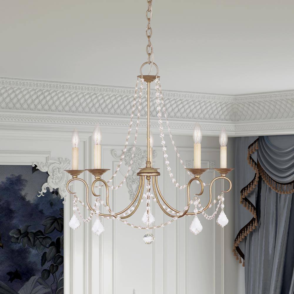 Antique Silver Leaf 5-Light Crystal Chandelier with Hand Painted Finish