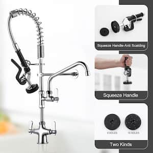 Solid Brass Commercial Deck Mount Triple Handle Pull Down Sprayer Kitchen Faucet with Pre-Rinse Sprayer in Chrome