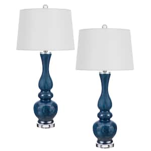 32 in. H Antique Blue Luster Table Lamp Set with Drum Shade and Matching Finial (Set of 2)