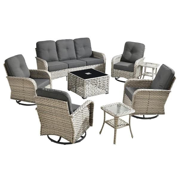 Vinceny Gray 8-Piece Wicker Patio Conversation Set with Black Cushions and Coffee Table