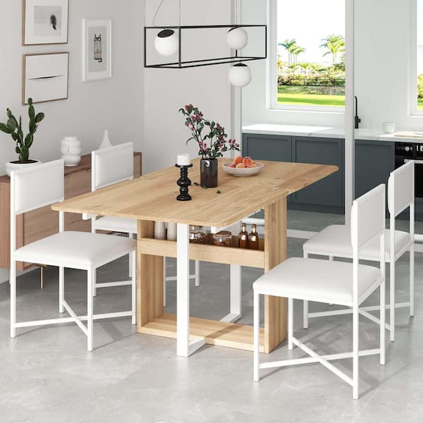 Zeus & Ruta 5-Piece Natural Wood Outdoor Dining Set with White Cushions, Extendable Dining Table