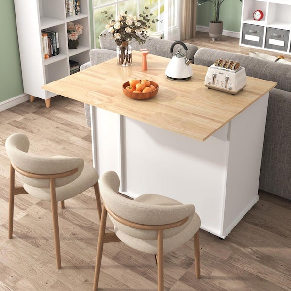 White Wood 46 in. Kitchen Island with Drawers, Kitchen Island with