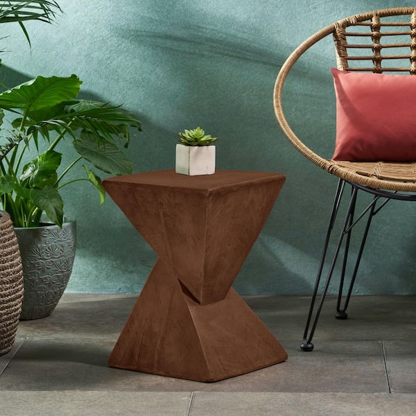 Dark Brown Twisted Hourglass Structure Lightweight Concrete Modern Outdoor Side Table, No Assembly Required