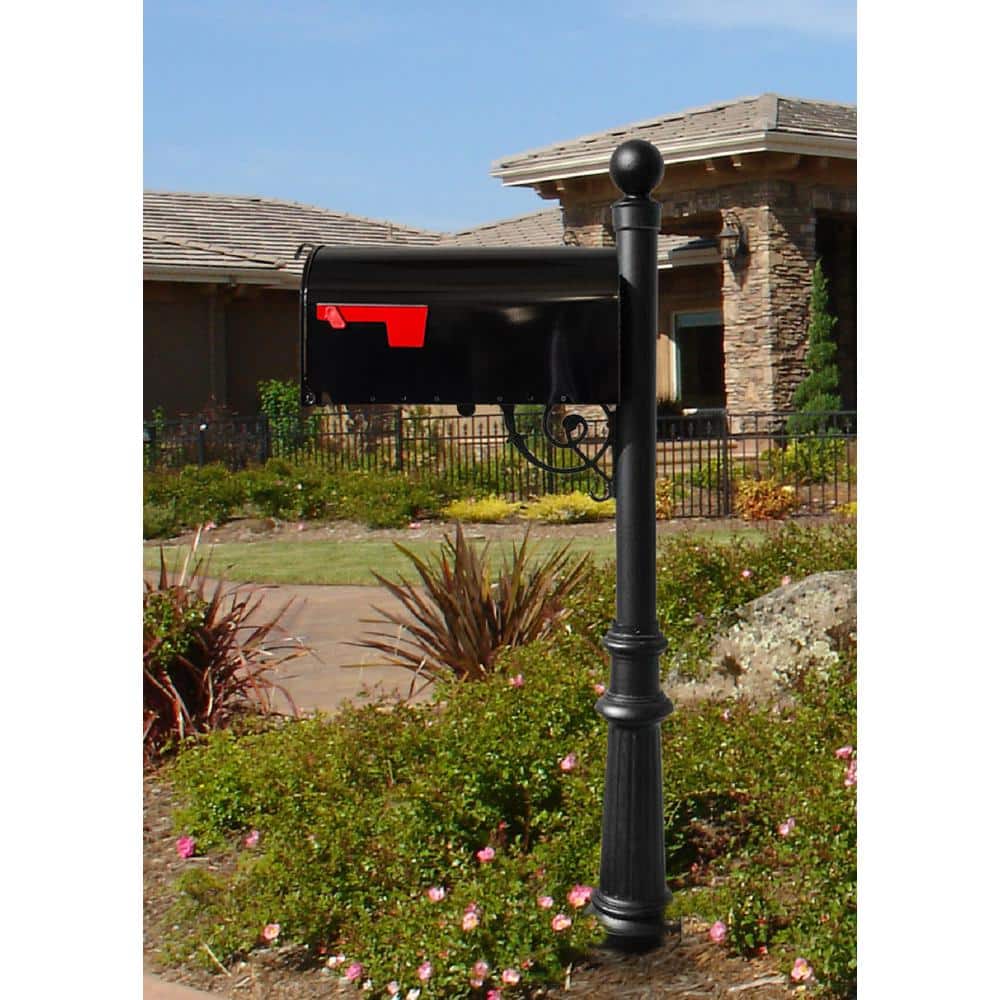 Black Aluminum Mailbox System with Fluted Base and Ball Finial