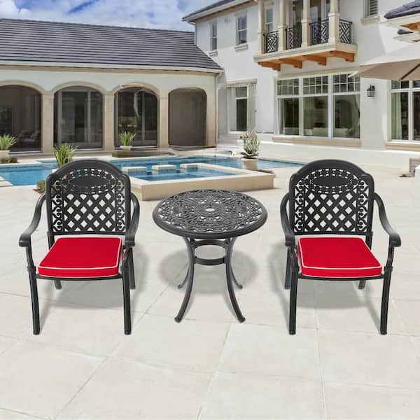 Isabella Black 3-Piece Cast Aluminum Outdoor Dining Set with 26.77 in. Round Table and Dining Chairs with Cushion