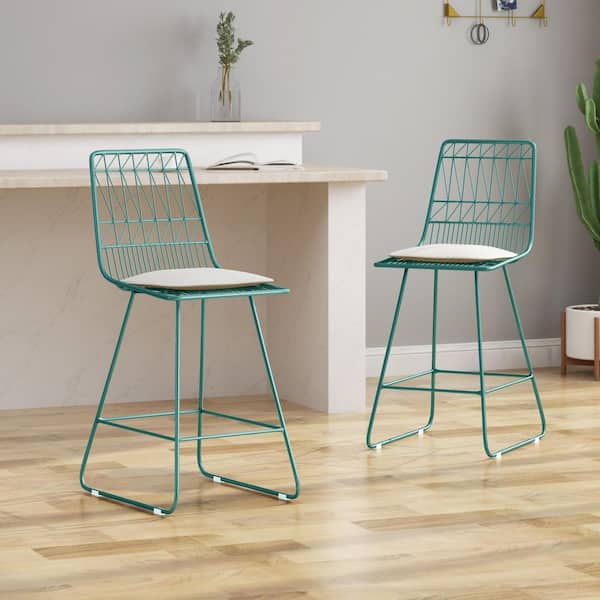 2-Piece Teal Metal Counter & Outdoor Bar Stool with Beige Non-porous Water-resistant Cushions & 400 lbs. Weight Capacity