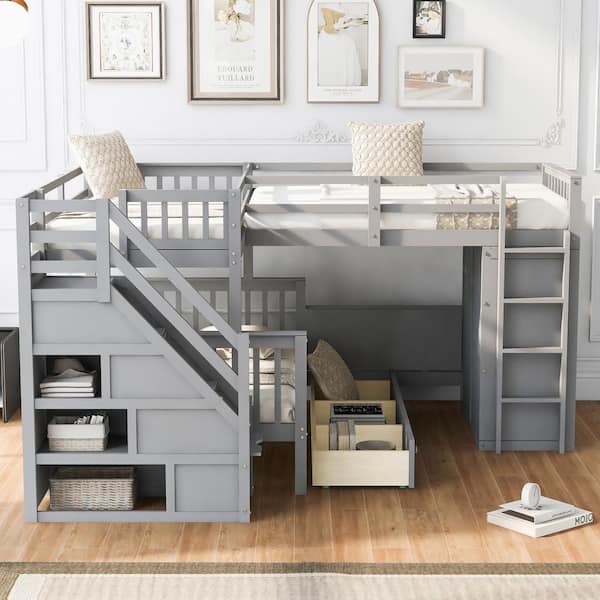 Harper & Bright Designs L-Shaped Gray Twin-Twin Over Full Wood 