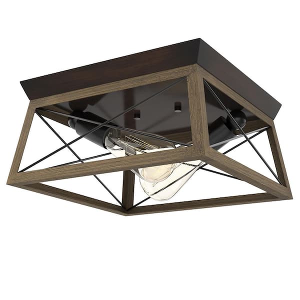 Briarwood Collection 2-Light Antique Bronze Kitchen Farmhouse Ceiling Light Flush Mount with Painted Wood Oak Frame