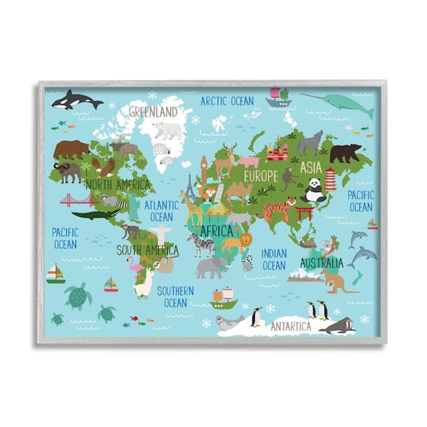 Stupell Industries Kid's Animal World Map Regional Wildlife By Lisa Whitebutton Framed Print Animal Texturized Art 16 in. x 20 in.