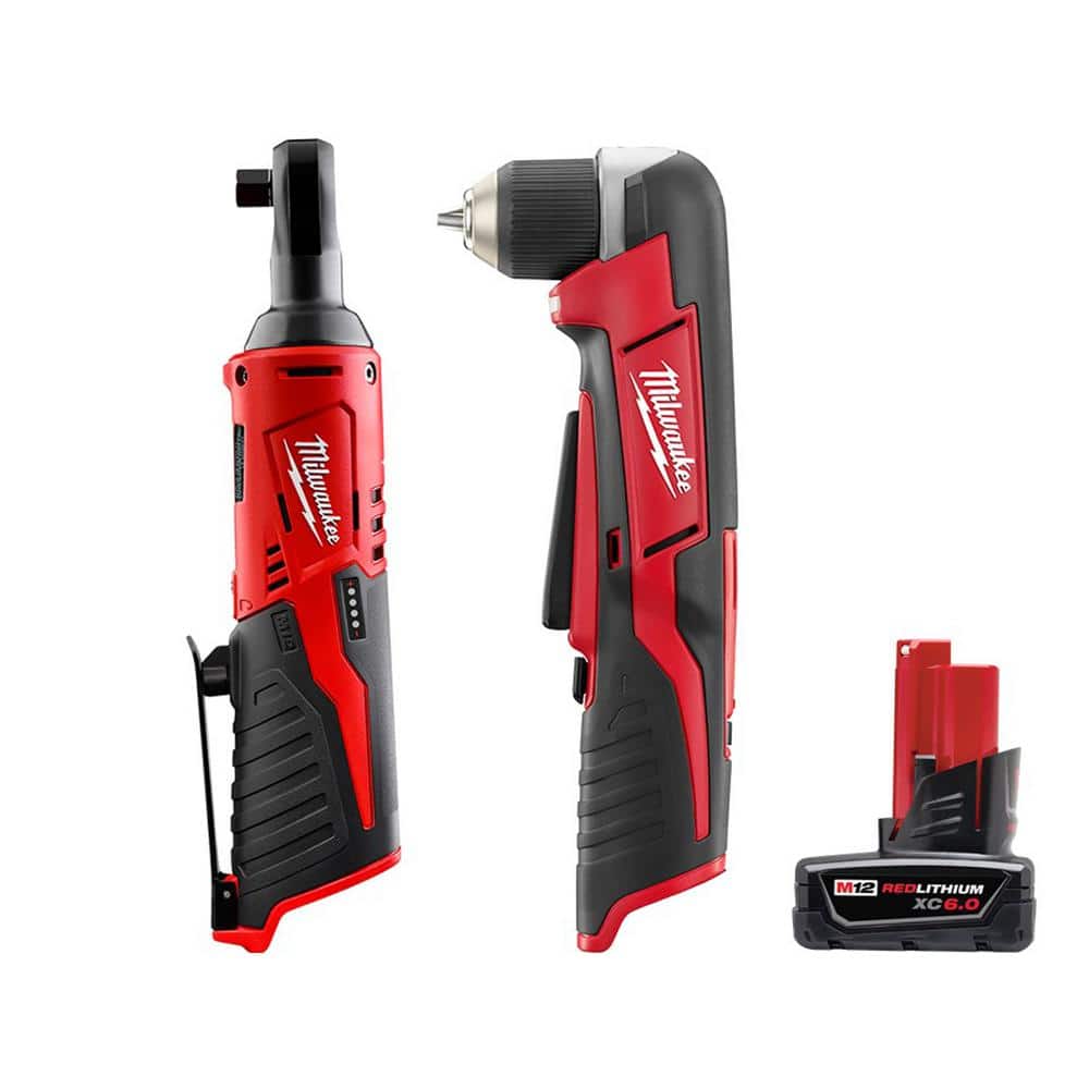 Milwaukee M12 12-Volt Lithium-Ion Cordless 3/8 in. Ratchet with M12 3/8 in. Right Angle Drill and 6.0 Ah XC Battery Pack -  2457-20-2415-20