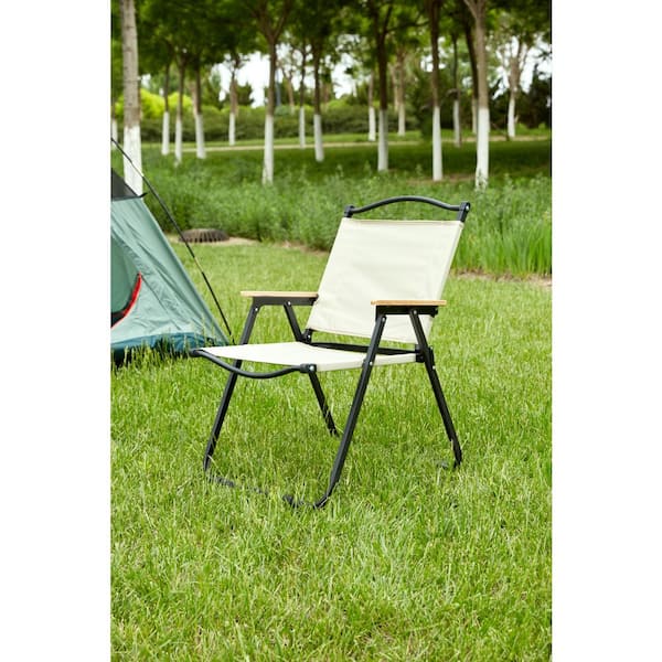 HOME FURNITURE HF INC 1-Piece Metal Folding Beige Outdoor Lawn Chair for Camping, Picnics, Beach, Backyard, BBQ, Party