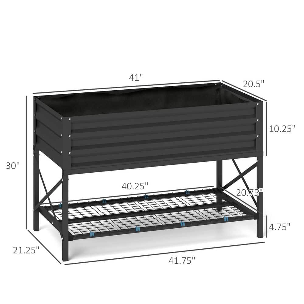 Gray Galvanized Metal Raised Garden Bed with Storage Shelf