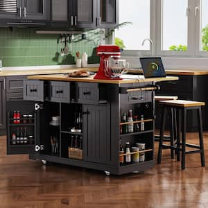 Black Wood 53.14 in. Kitchen Island with 2 Bar Stools and Drop Leaf