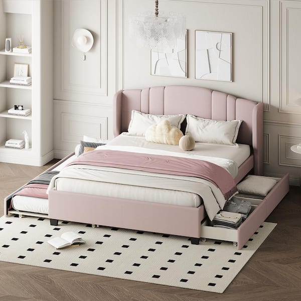 Harper & Bright Designs Pink Wood Frame Queen Size Linen Upholstered Platform Bed with Wingback Headboard, 2-Drawer, Twin Size Trundle