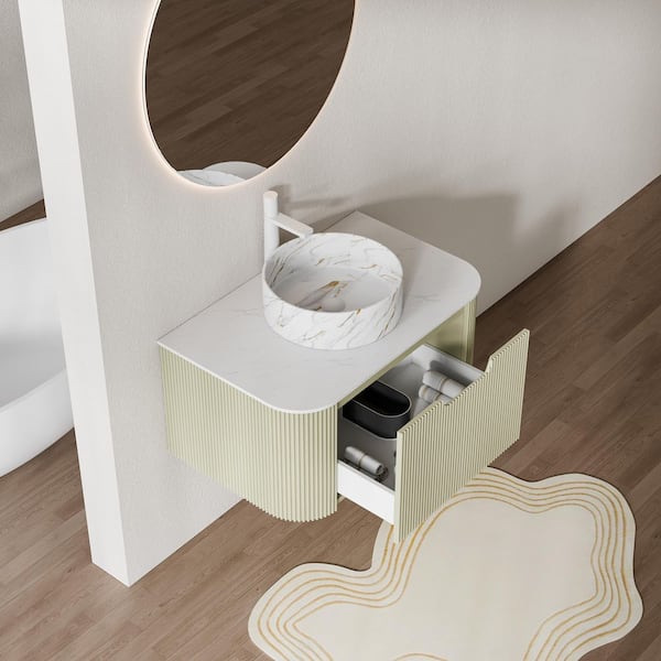 Baye 30 in. W Floating Light Green Bath Vanity with White Textures Ceramic Sink and Engineered Marble Top Unassembled