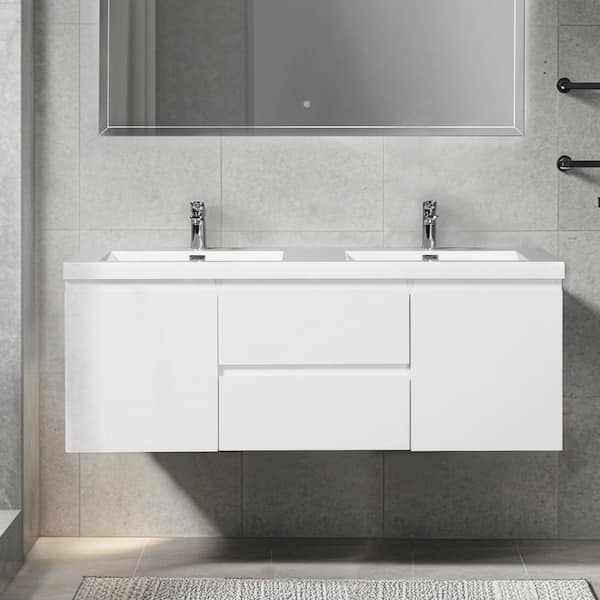 60 in. Wall-Mounted Floating Bath Vanity in Gloss White with Double Solid Surface Sink Top in White