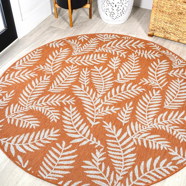 Nevis Palm Frond Orange/Cream 5 ft. Round Indoor/Outdoor Area Rug