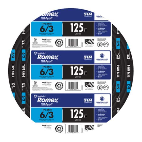 125 ft. 6/3 Black Stranded Romex SIMpull CU NM-B W/G Wire