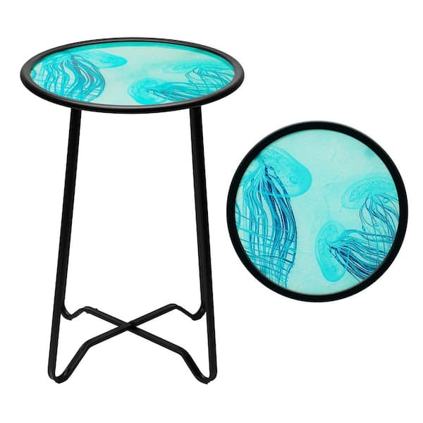 Everyday 14 in. Round Glass Jellyfish Ocean Pattern Outdoor Side Table