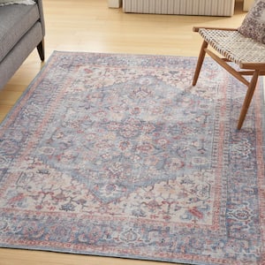 57 Grand Machine Washable Blue/Multi 4 ft. x 6 ft. Bordered Traditional Area Rug
