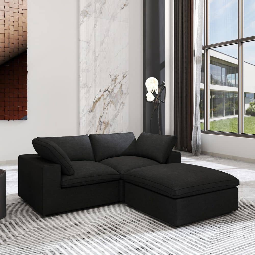 3-Piece Black Linen L Shaped Sectional Sofa Living Room Set with Removable Covers and Ottoman price history on PriceWatchPro