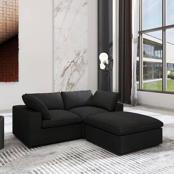 J&E Home 3-Piece Black Linen L Shaped Sectional Sofa Living Room Set with Removable Covers and Ottoman
