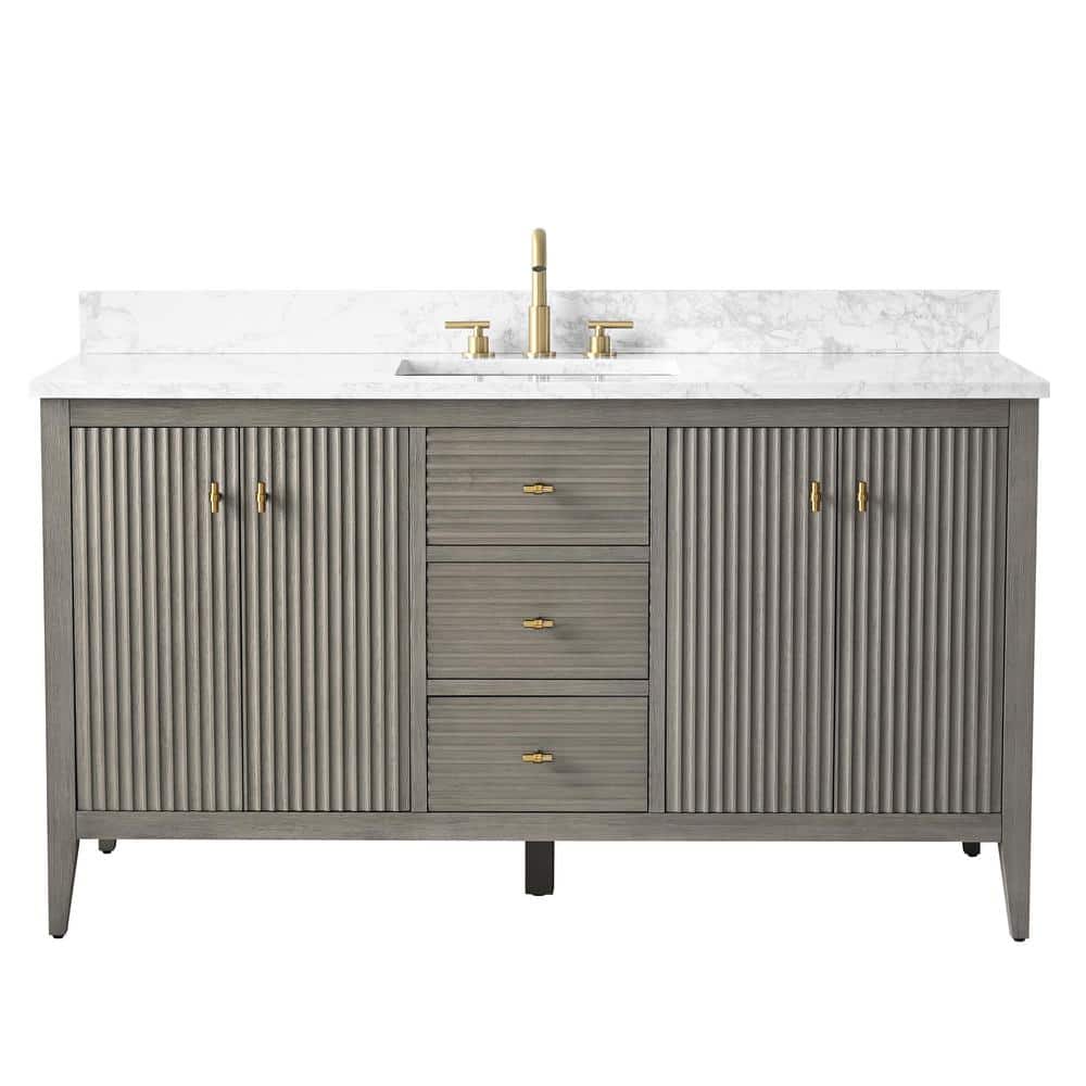 60" Driftwood Gray Freestanding Vanity with White Engineered Marble Top