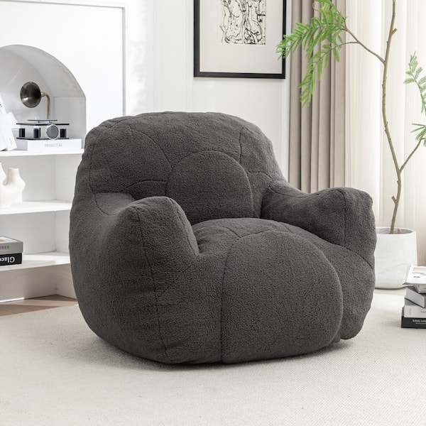 Noble House Alder Dark Gray Faux Fur Bean Bag Chair with Tufted Soft Filling