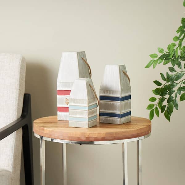 Litton Lane White Metal Striped Buoy Sculpture with Rope Handles (Set of 3)