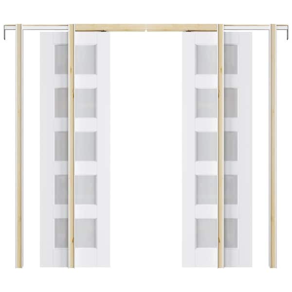 48 in. x 80 in. 5-Lite Glass White Primed MDF Pocket Sliding Door with Pocket Door Hardware Kit Soft Close Included