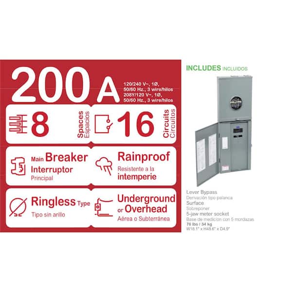 Homeline 200 Amp 8-Space 16-Circuit Outdoor Ringless Lever-Bypass Overhead/Underground Main Breaker CSED
