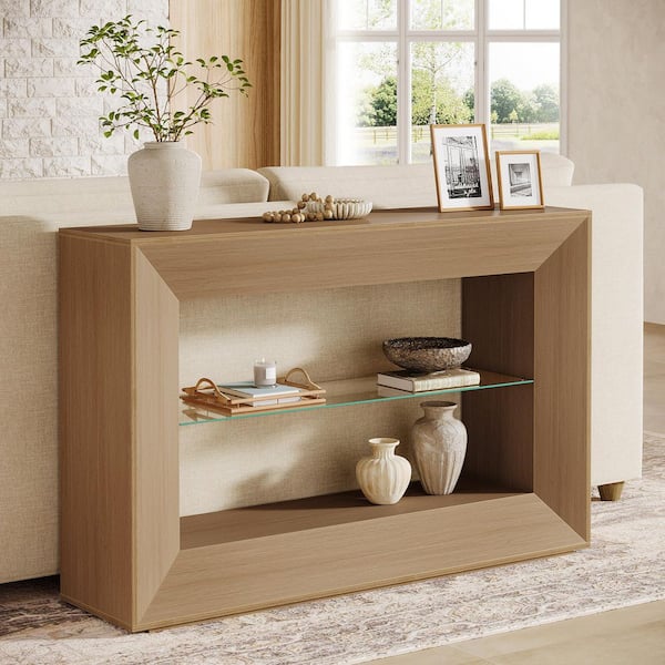 BYBLIGHT Turrella 55 in. Oak 3-Tier Sofa Table, Rectangle MDF Console Table with Glass Storage Shelf for Living Room, Entryway