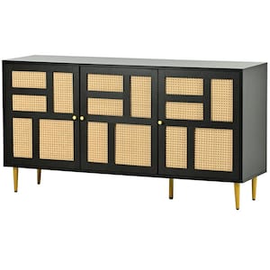 57 in. W x 15.7 in. D x 30 in. H Black Wood Linen Cabinet with ﻿Adjustable Shelves and Rattan Doors