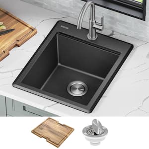 Bellucci Metallic Black Granite Composite 18 in. 1-Hole Drop-in Workstation Bar Sink with Accessories