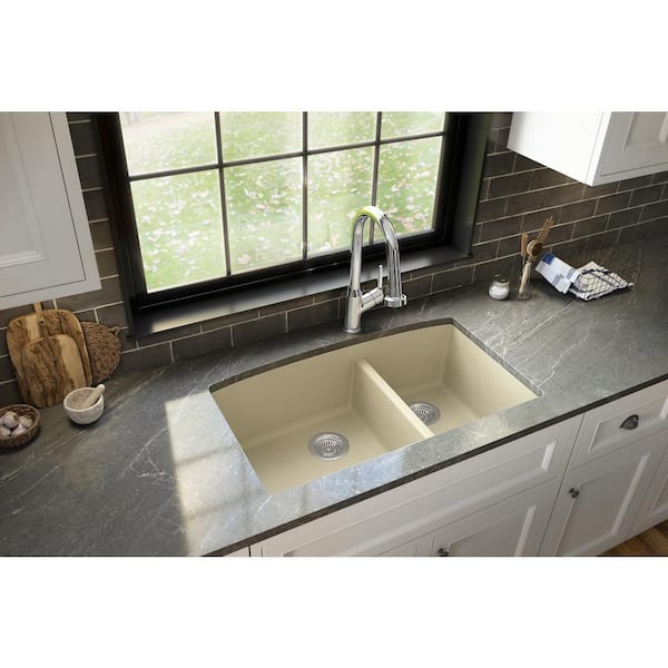 Karran Undermount Quartz Composite 32 in. 60/40 Double Bowl Kitchen Sink in Bisque