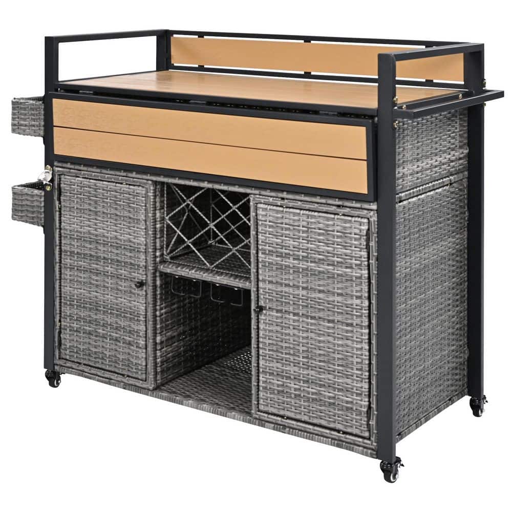 52.8 in. W Wicker Rolling Outdoor Bar Grill Cart on Wheels with Extended Pl