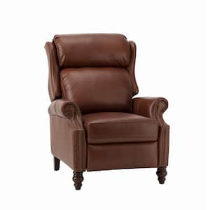 Medusaeus Brown Genuine Leather Manual Recliner with Solid Wood Legs