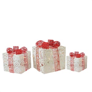 11.25 in. Christmas Yard Art Decorations Lighted Sparkling White Swirl Glitter Gift Boxes (3-Pack)