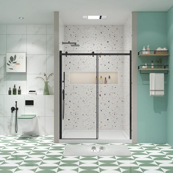 48 in. W x 74 in. H Sliding Semi-Frameless Shower Door in Matte Black Finish with Tempered Clear Glass