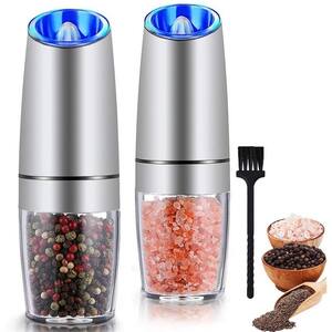 2-Pack Stainless Steel Black Gravity Electric Automatic Pepper and Salt Grinder Set; Battery Powered with LED Light